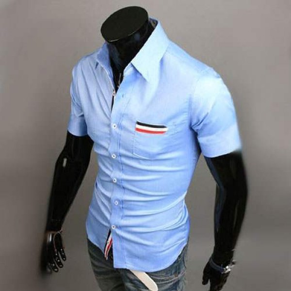 Chemise Homme manches courtes Men Elegance Bande rayee Fitted Bleu clair